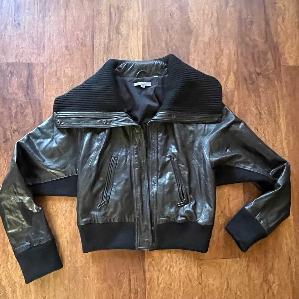 Vince black leather bomber large collar jacket sw… - image 2