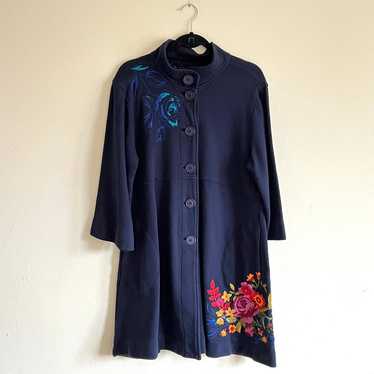 Johnny Was navy blue cotton embroidered coat size 