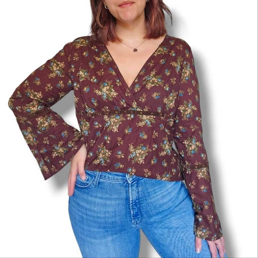 Vintage Y2K Faded Glory Brown Floral Bell Sleeve V-Neck Blouse Size Large