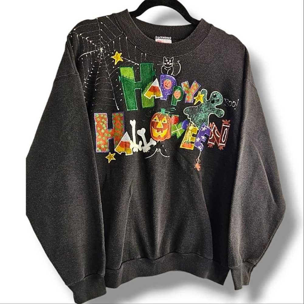 Vintage 90s Gray Handmade Happy Halloween Themed … - image 3