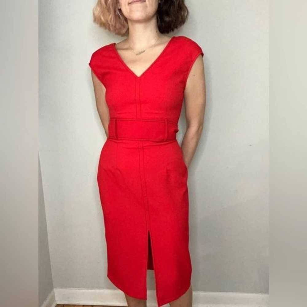 Zara red contrasting topstitching midi v neckline… - image 1
