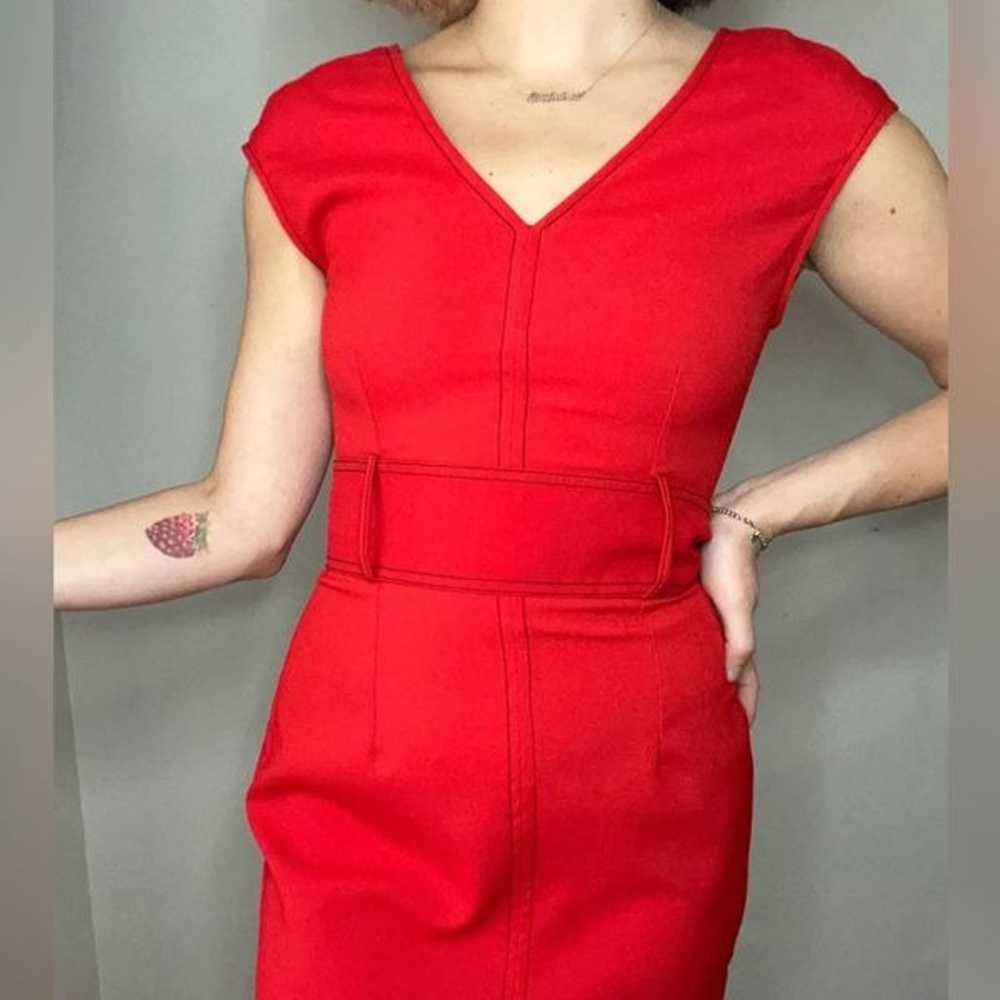 Zara red contrasting topstitching midi v neckline… - image 6