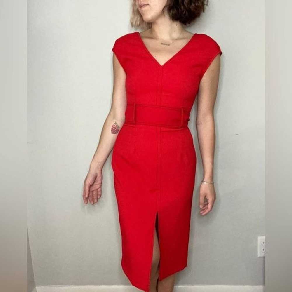 Zara red contrasting topstitching midi v neckline… - image 8