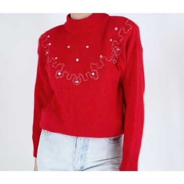 Vintage 80s Sparkle Red Mock Neck Sweater