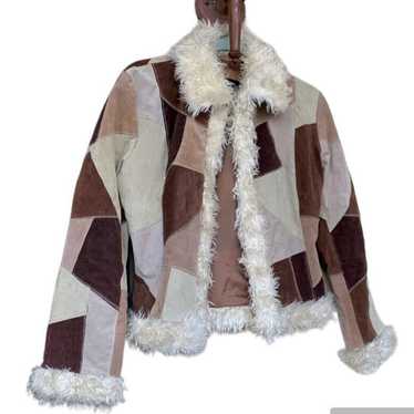 VTG Leather Suede Fur Trim Patchwork Coat Jacket … - image 1
