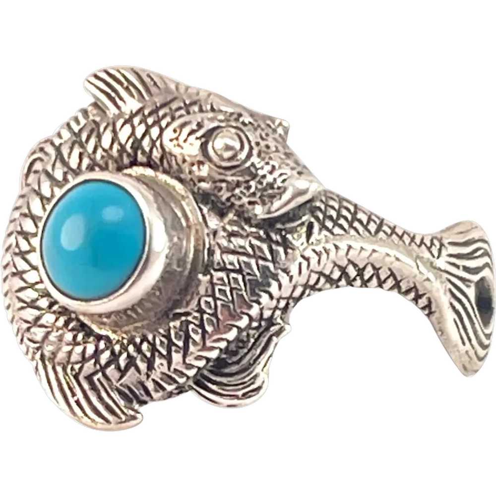 Turquoise Round Cabochon Fish Ring Sterling 925 1… - image 1