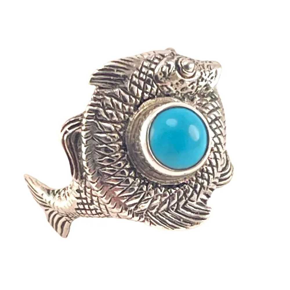 Turquoise Round Cabochon Fish Ring Sterling 925 1… - image 3