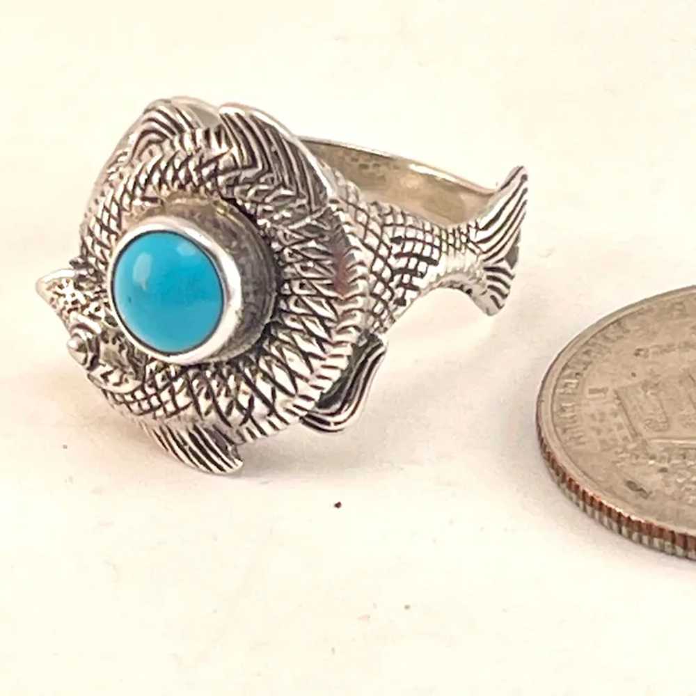 Turquoise Round Cabochon Fish Ring Sterling 925 1… - image 6