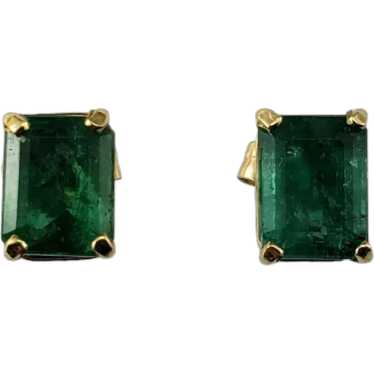 14K Yellow Gold Emerald Cut Emerald Stud Earrings 