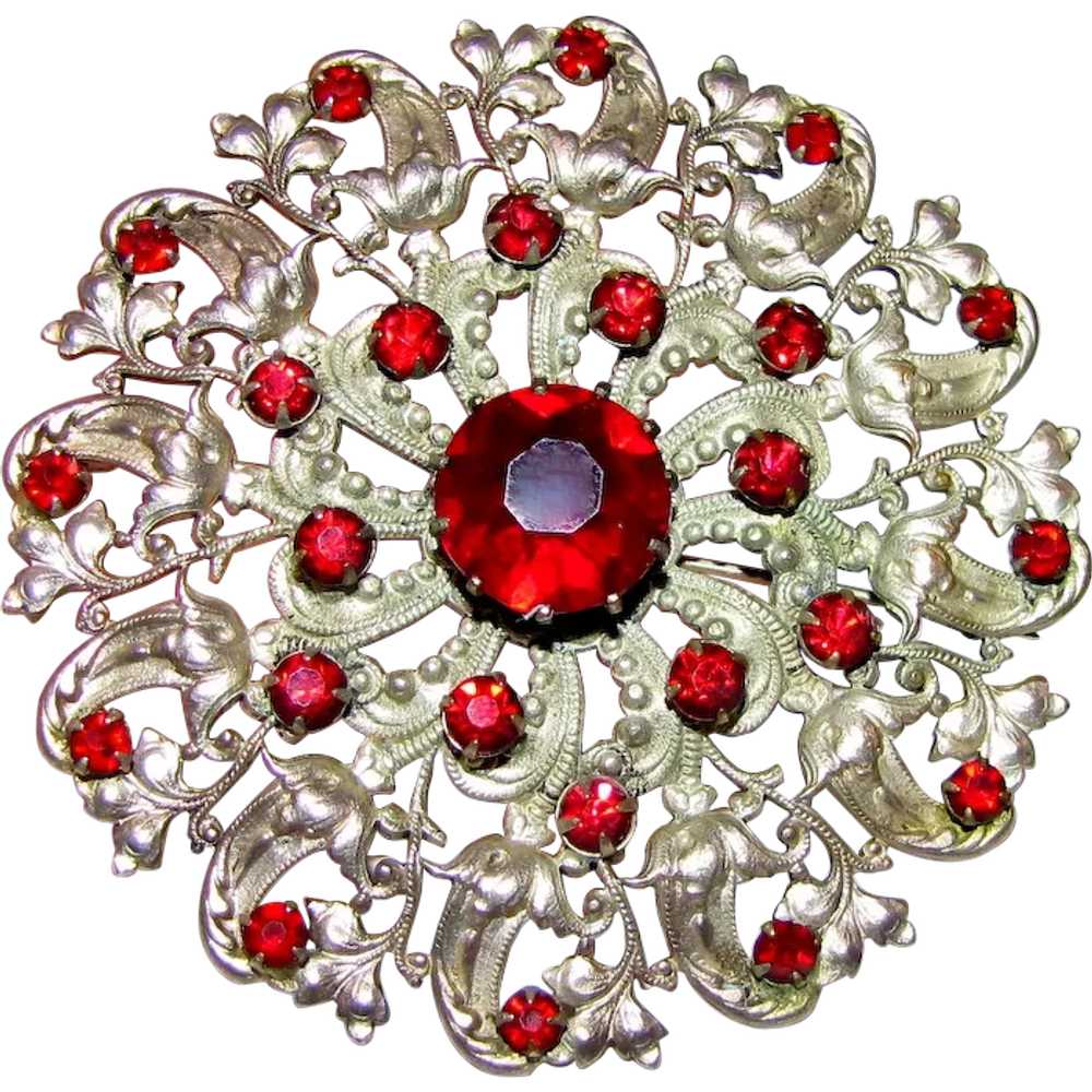 1930's Unsigned Czech Filigree Red Rhinestone Bro… - image 1