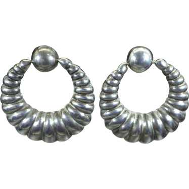 Vintage Sterling Silver Corrugated Hoop Earrings, 