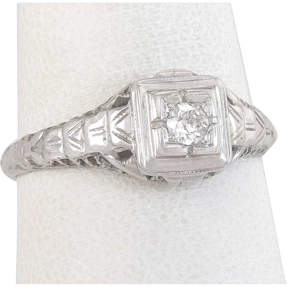 Antique 18K White Gold Filigree .08ct Genuine Dia… - image 1