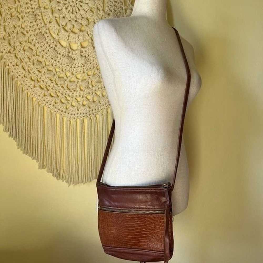Vintage 70s Embossed Brown Leather Crossbody Bag … - image 1
