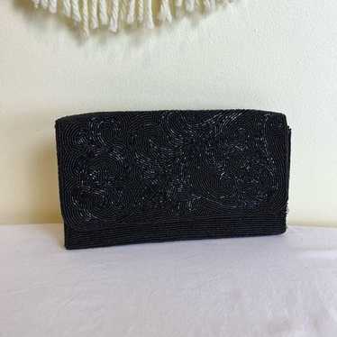 Vintage La Regale Beaded Black Clutch Bag Snap Cl… - image 1