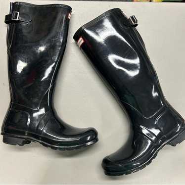 Hunter Tall Rain Boots Black Buckle Back Shiney W… - image 1