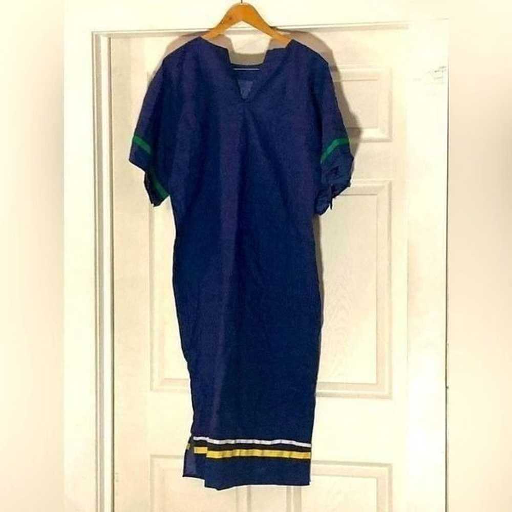 Vintage Handmade Housedress Navy V Neck Maxi Dress - image 1