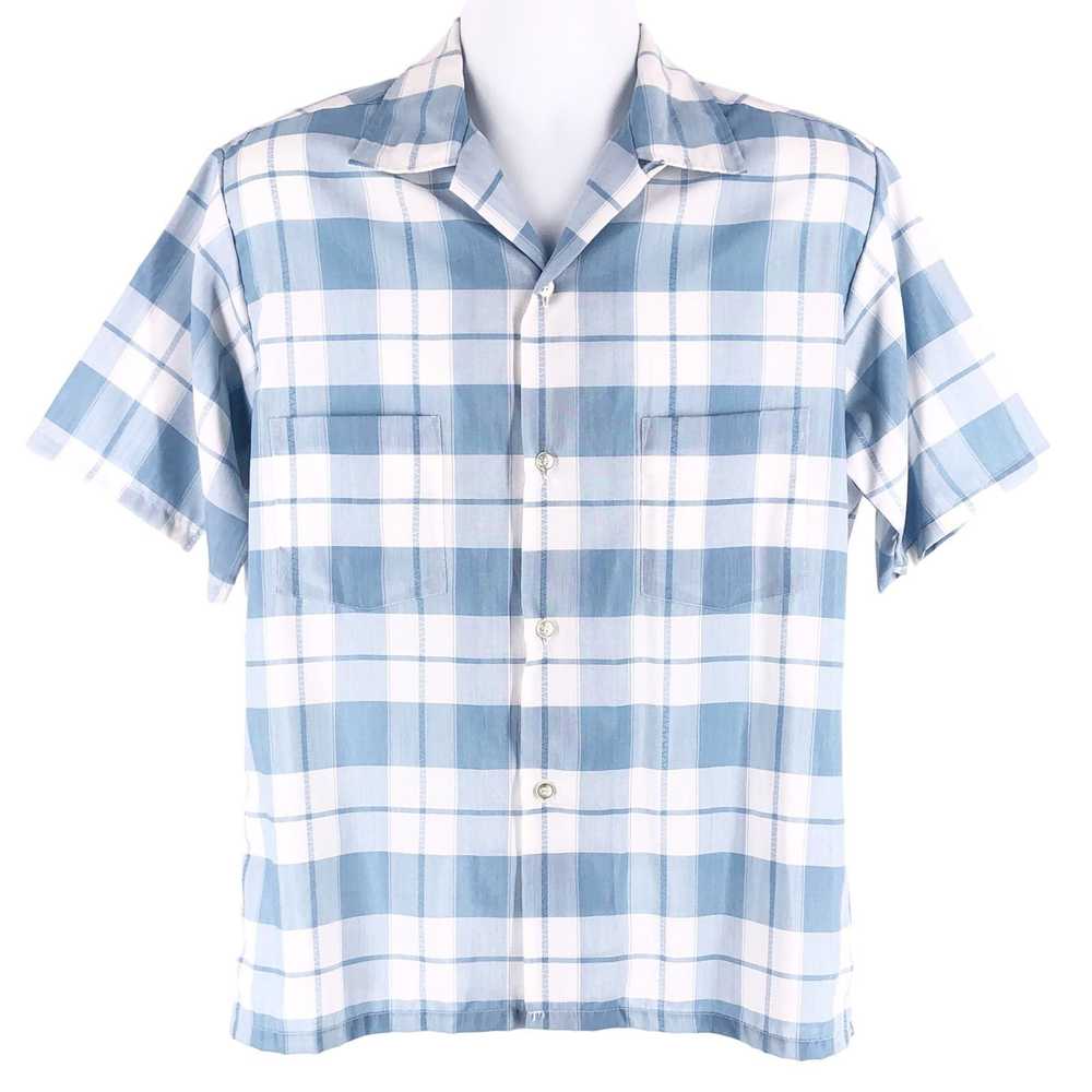 Vintage 60s light blue plaid shirt sleeve shirt 1… - image 1