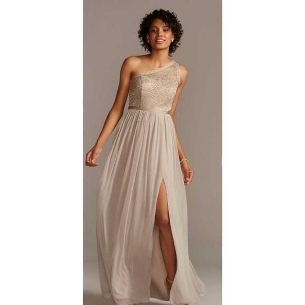 David’s Bridal Biscotti One Shoulder Lace Dress S… - image 1