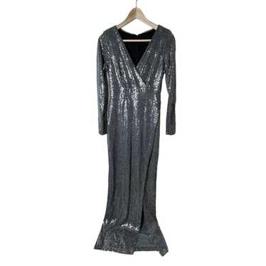 Betsy & Adam Silver Sequin Gown Sz 4 Long Sleeve … - image 1