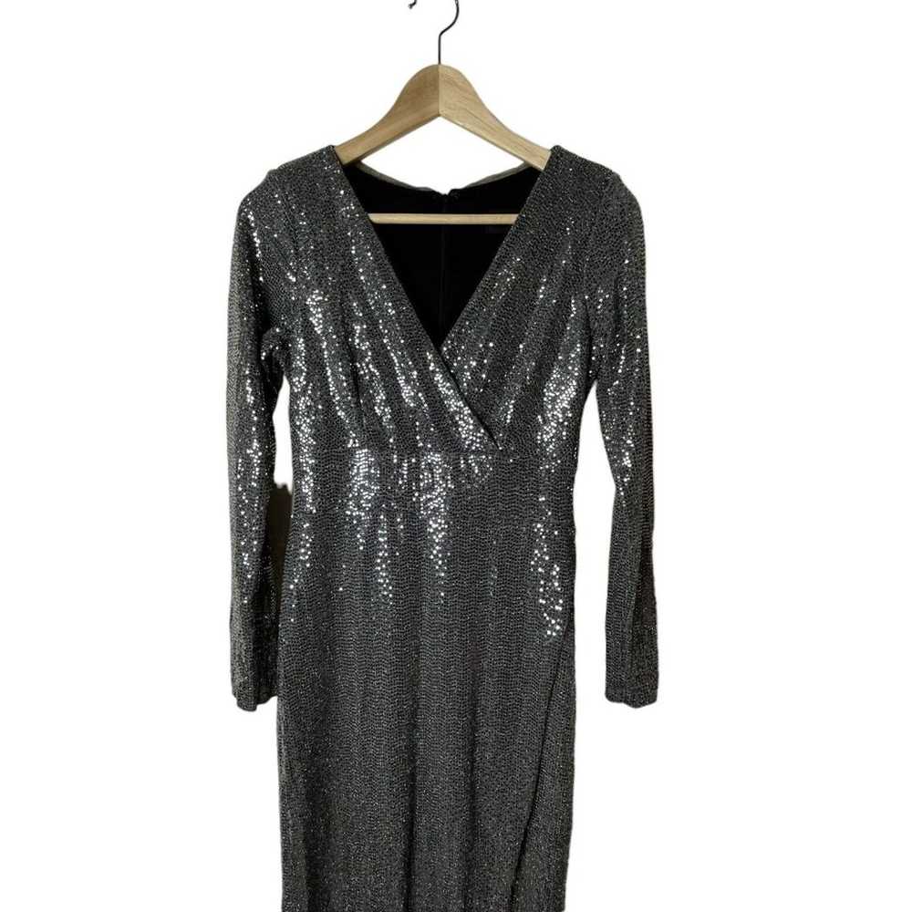 Betsy & Adam Silver Sequin Gown Sz 4 Long Sleeve … - image 3