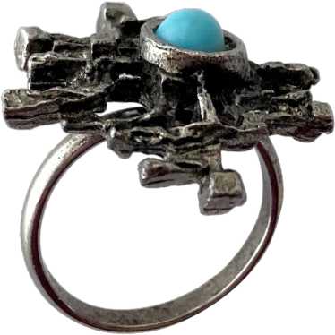 Brutalist-Style Ring with Faux Turquoise Cabochon: