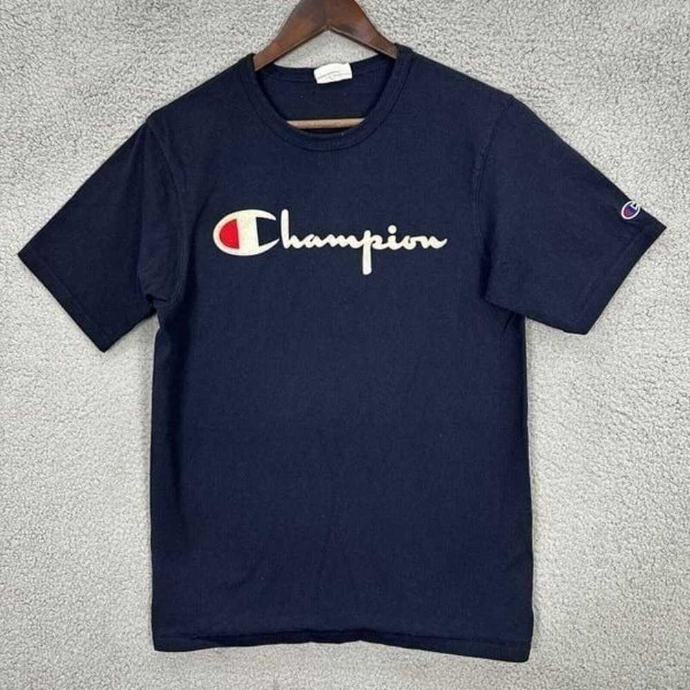 Champion shirt mens medium blue script spellout v… - image 1