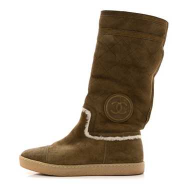 CHANEL Suede Shearling Boots 36.5 Khaki