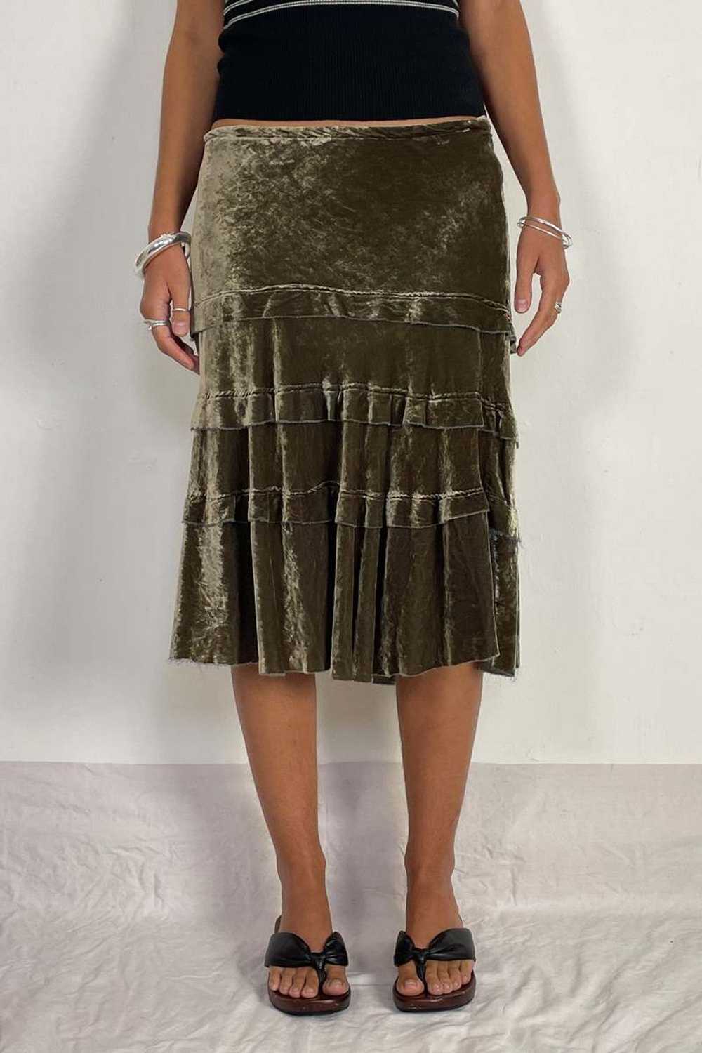 Y2K Layered Silk Velvet Skirt - Dark Khaki - image 2