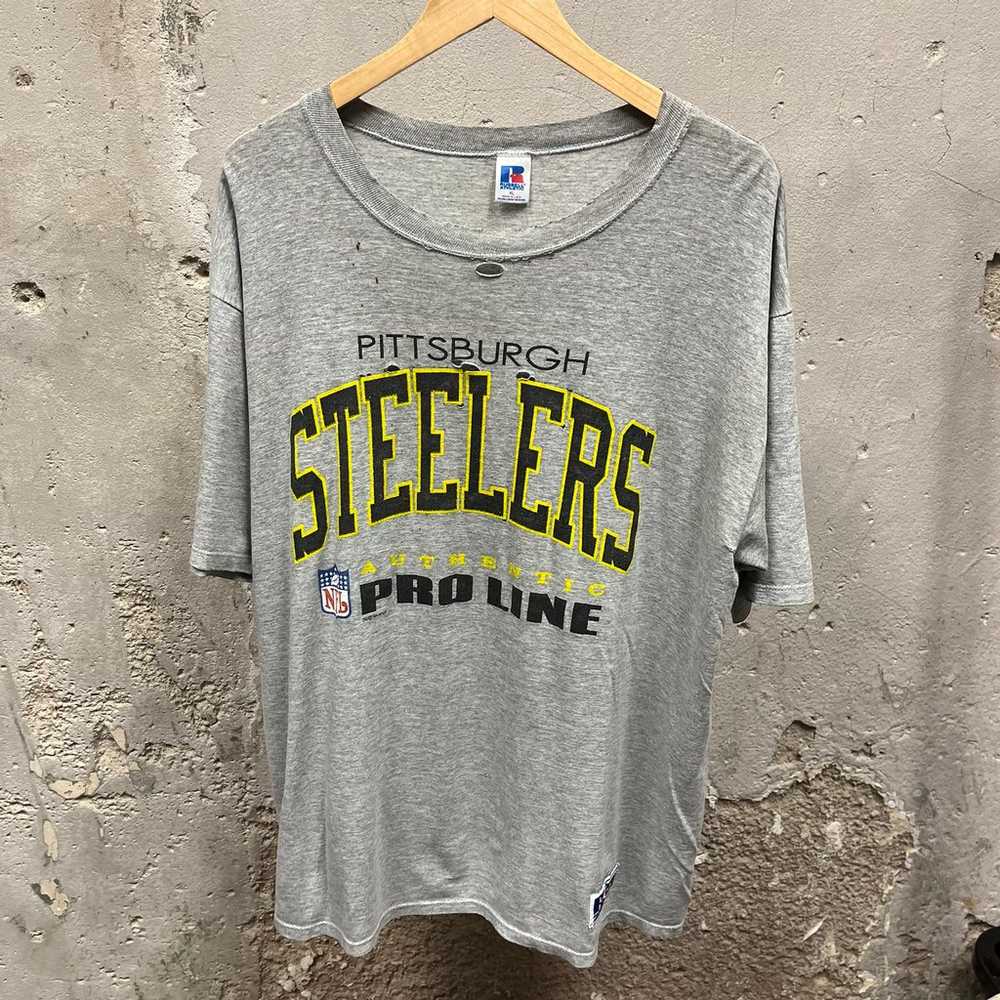 Vintage 90s Pittsburg Steelers Gray Thrashed Dist… - image 1