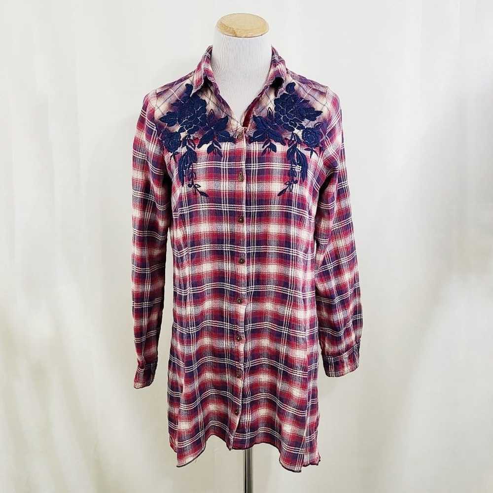 Johnny Was red blue plaid shirt floral embroidery… - image 1