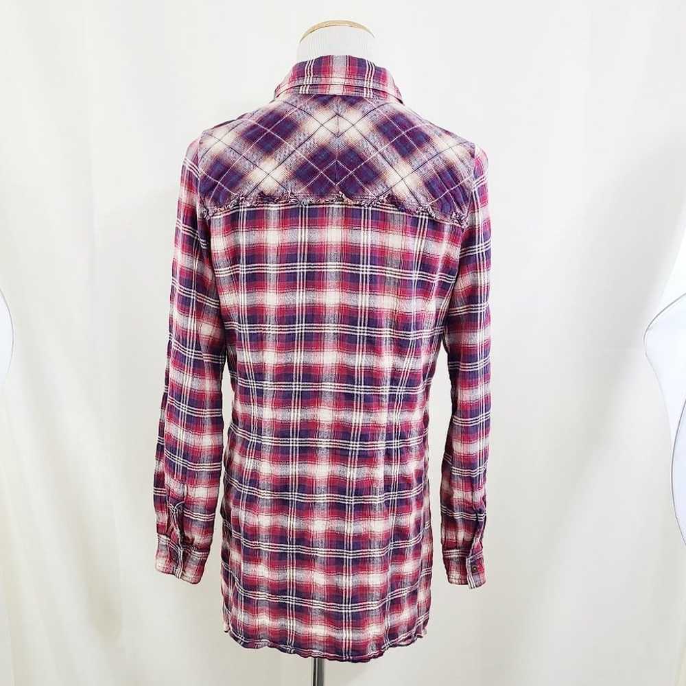 Johnny Was red blue plaid shirt floral embroidery… - image 2