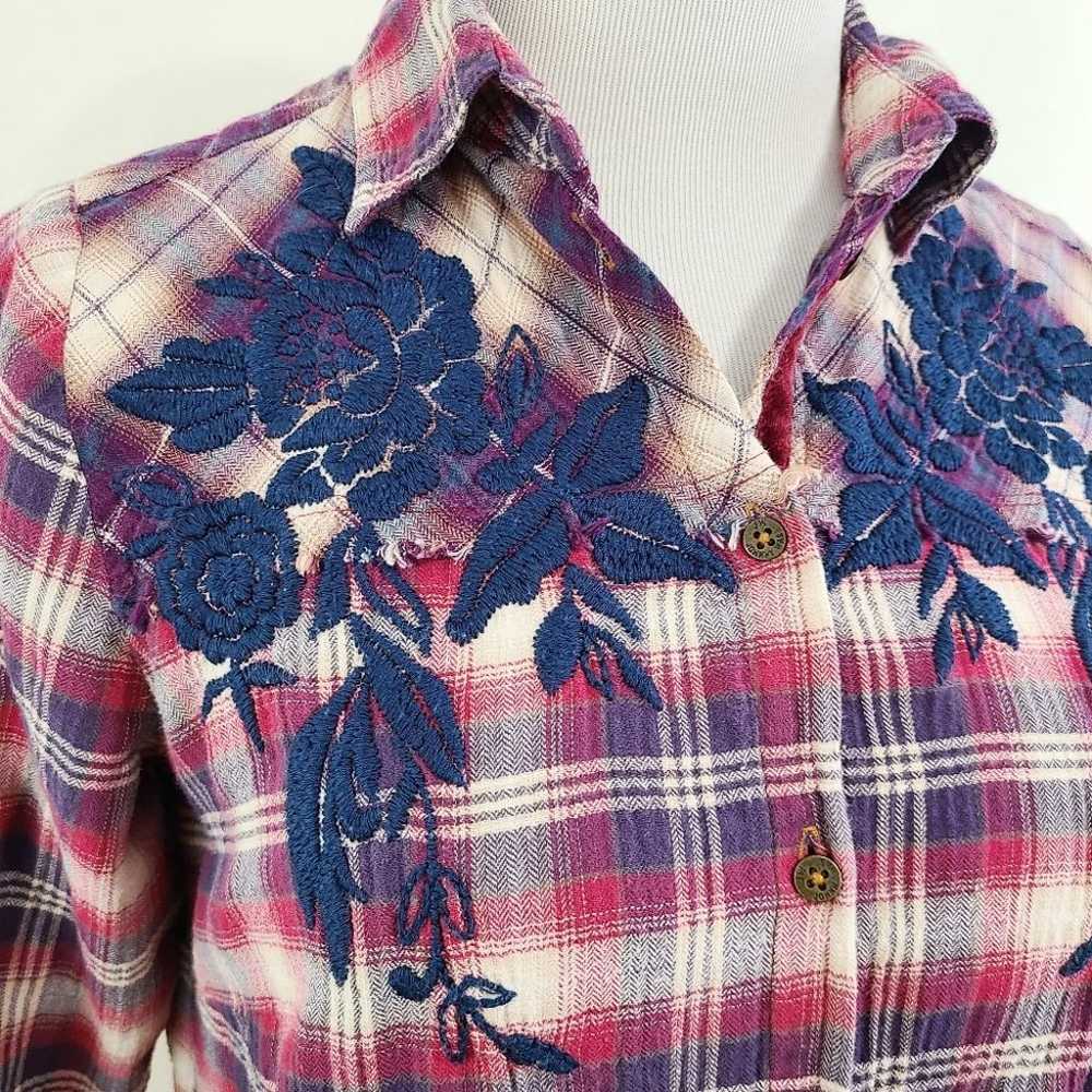 Johnny Was red blue plaid shirt floral embroidery… - image 3