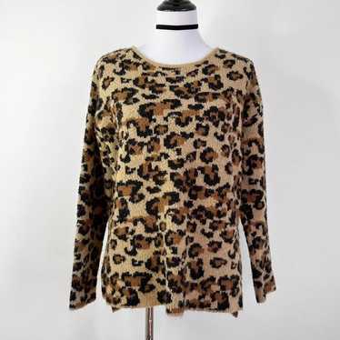 fuzzy leopard print knit long sleeve sweater