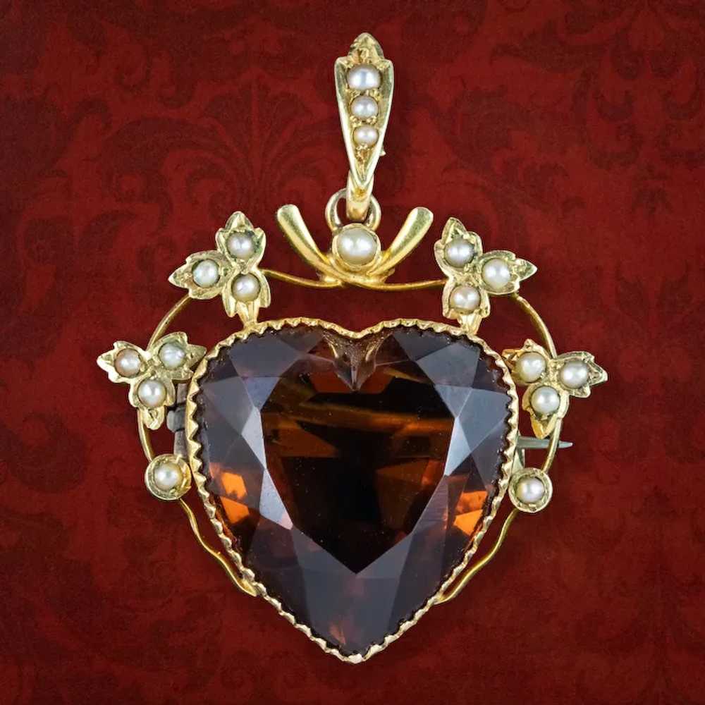 Antique Victorian Smoky Quartz Pearl Heart Pendan… - image 3