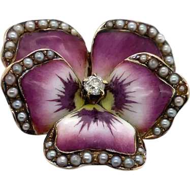 Victorian 14K Yellow Gold Enamel and Pearl Pansy B