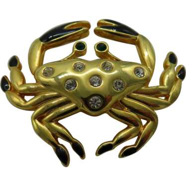 Vintage Crab Brooch with Rhinestones & Enamel Gold