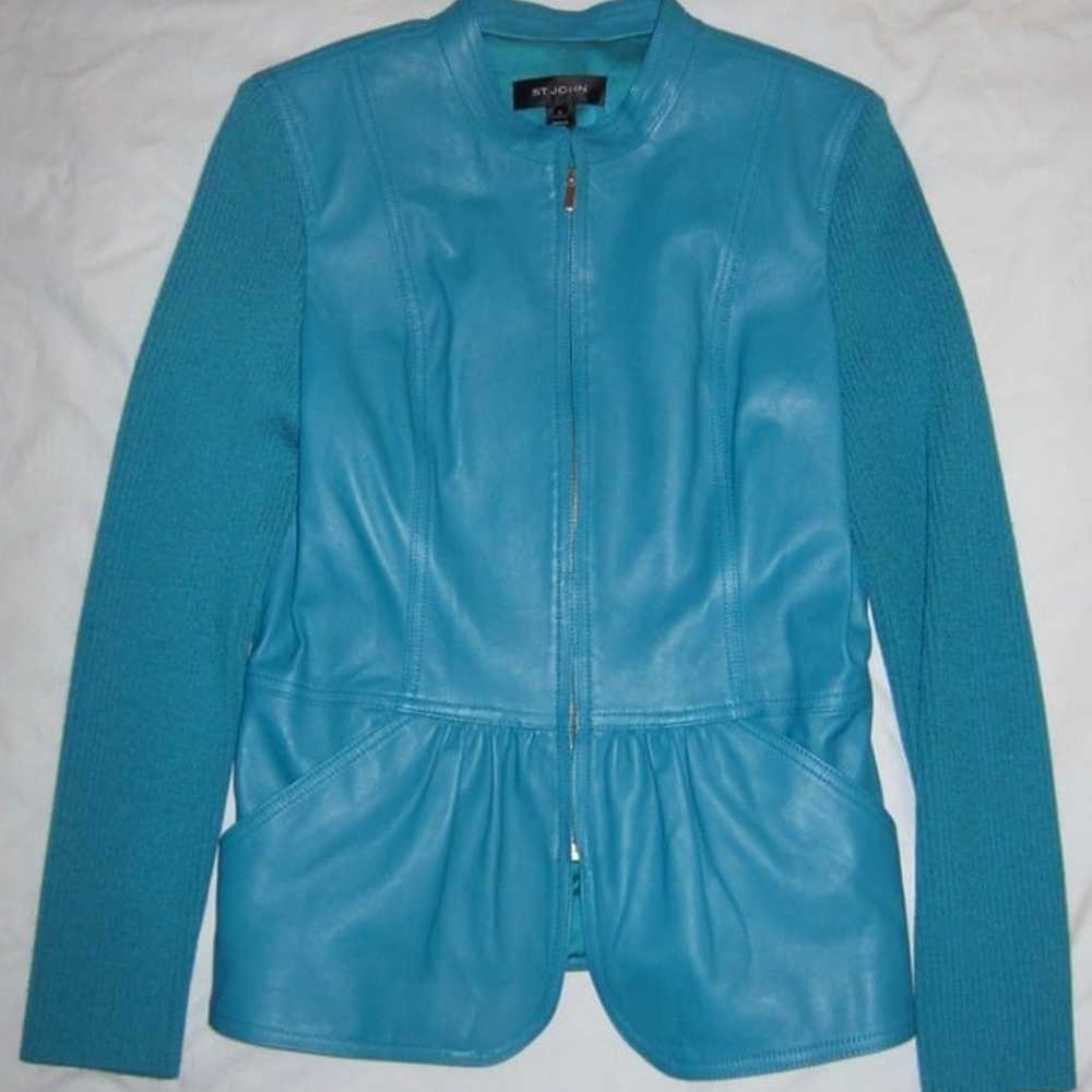 ST JOHN Leather Zip Up Jacket Wool Blend Knit Sle… - image 1