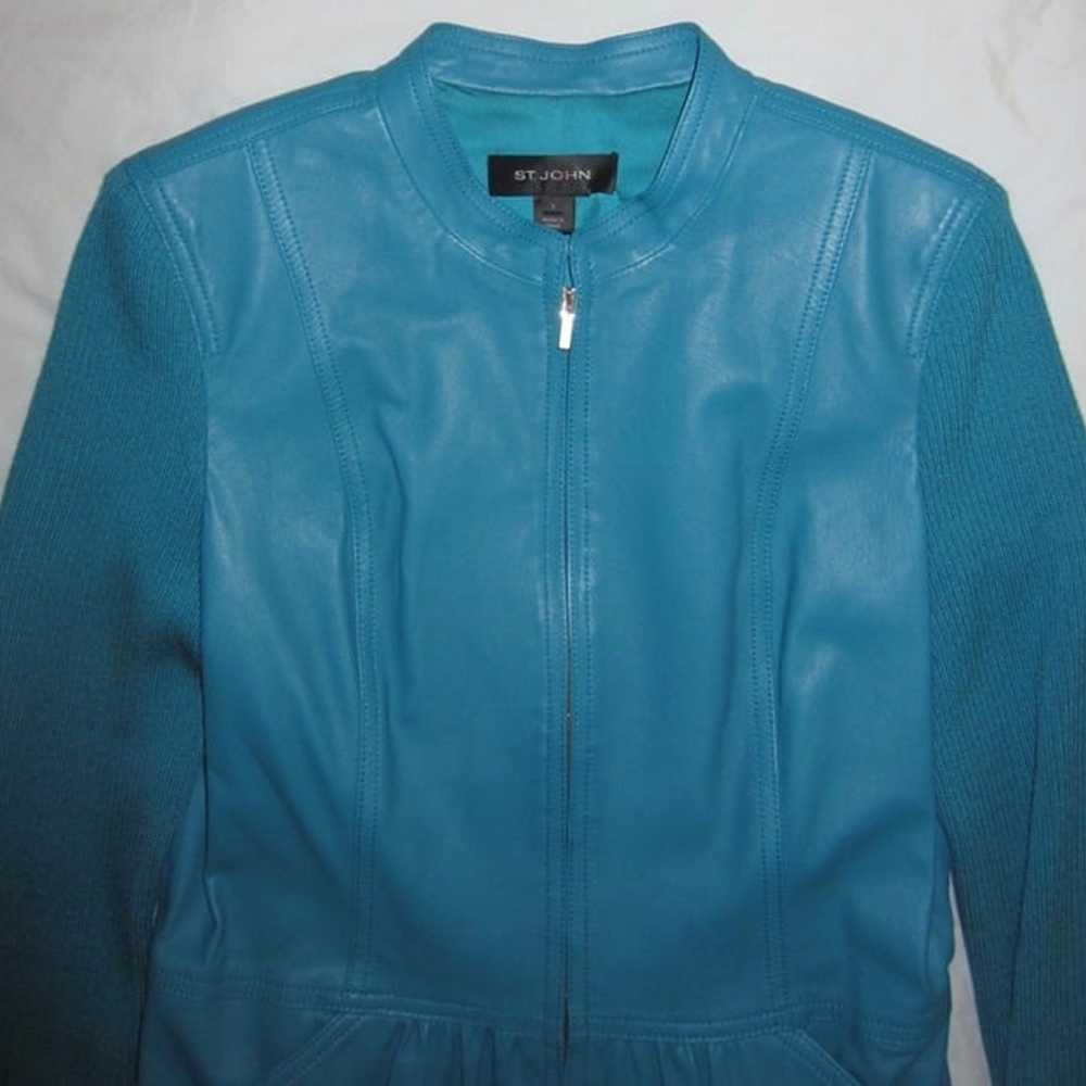 ST JOHN Leather Zip Up Jacket Wool Blend Knit Sle… - image 3