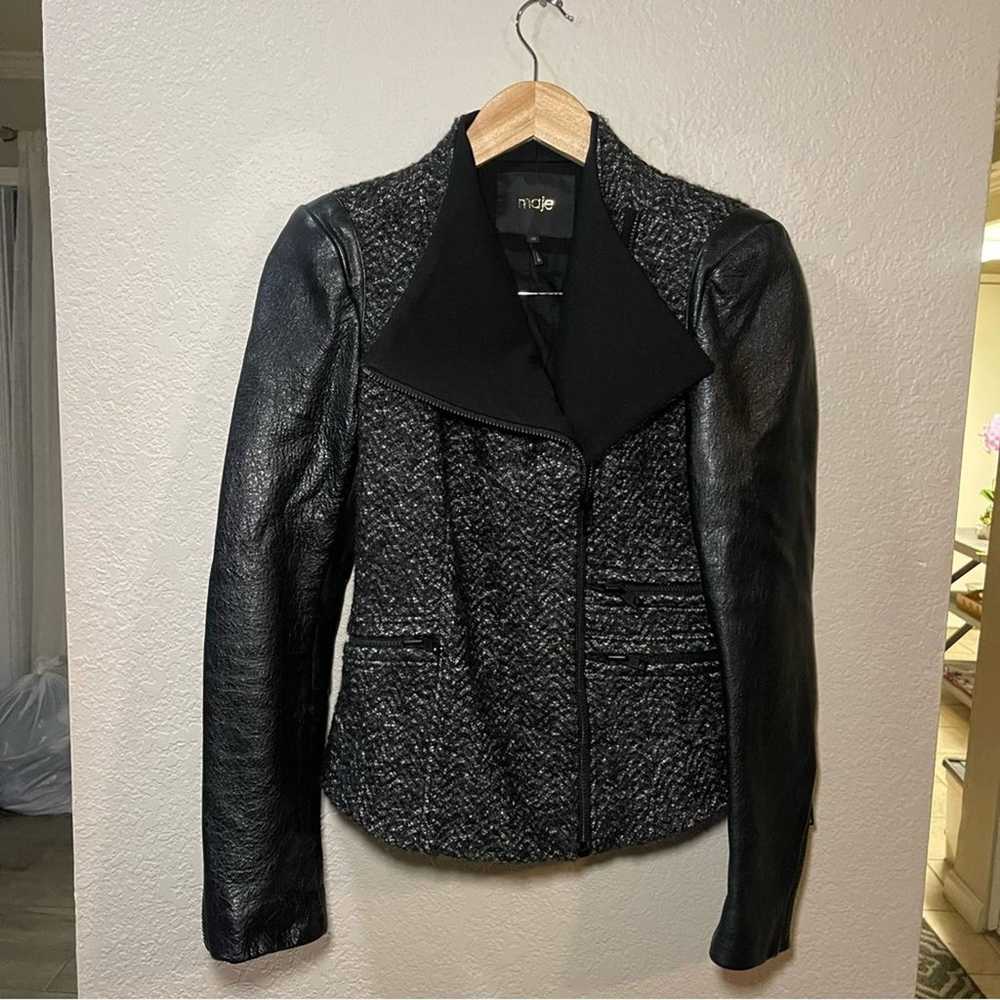 Maje | Moto Faux leather tweed jacket size; 38 - image 1