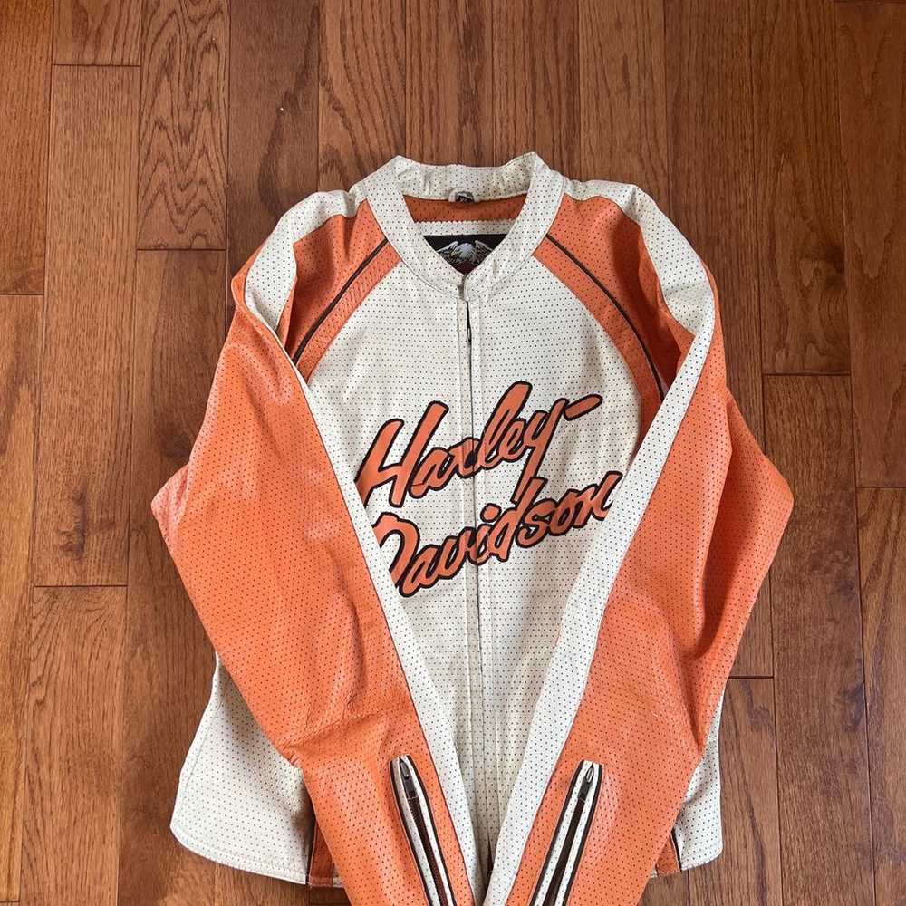 Vintage Harley Davidson Orange Cream Leather Jack… - image 2