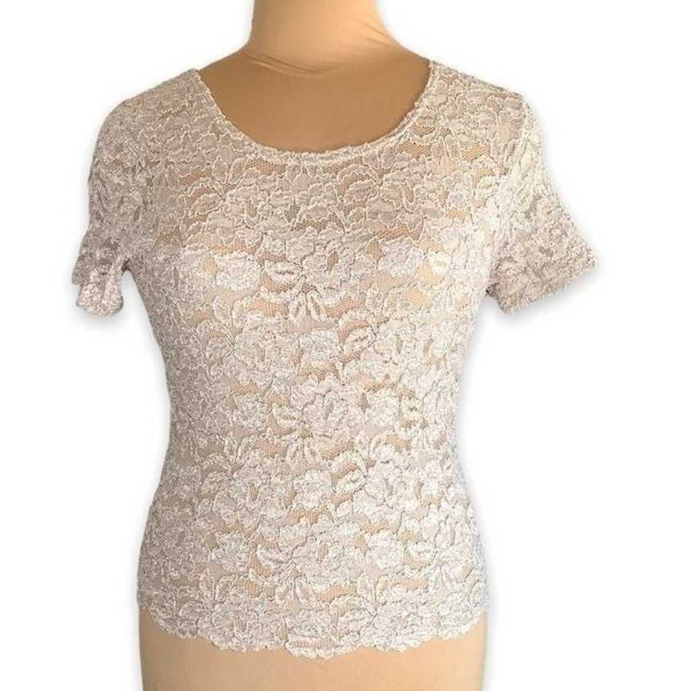 Vintage 90s Top Tan Lace Sheer Short Sleeves Scoo… - image 1