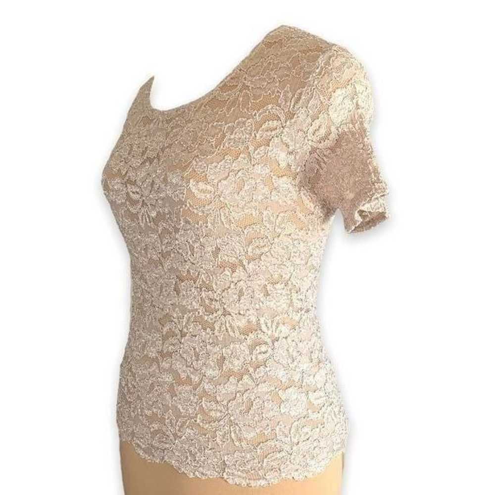 Vintage 90s Top Tan Lace Sheer Short Sleeves Scoo… - image 2