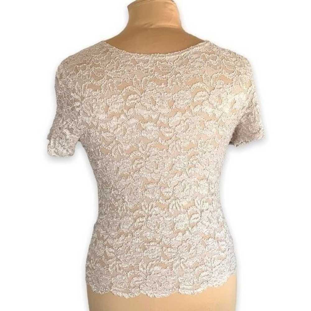 Vintage 90s Top Tan Lace Sheer Short Sleeves Scoo… - image 4