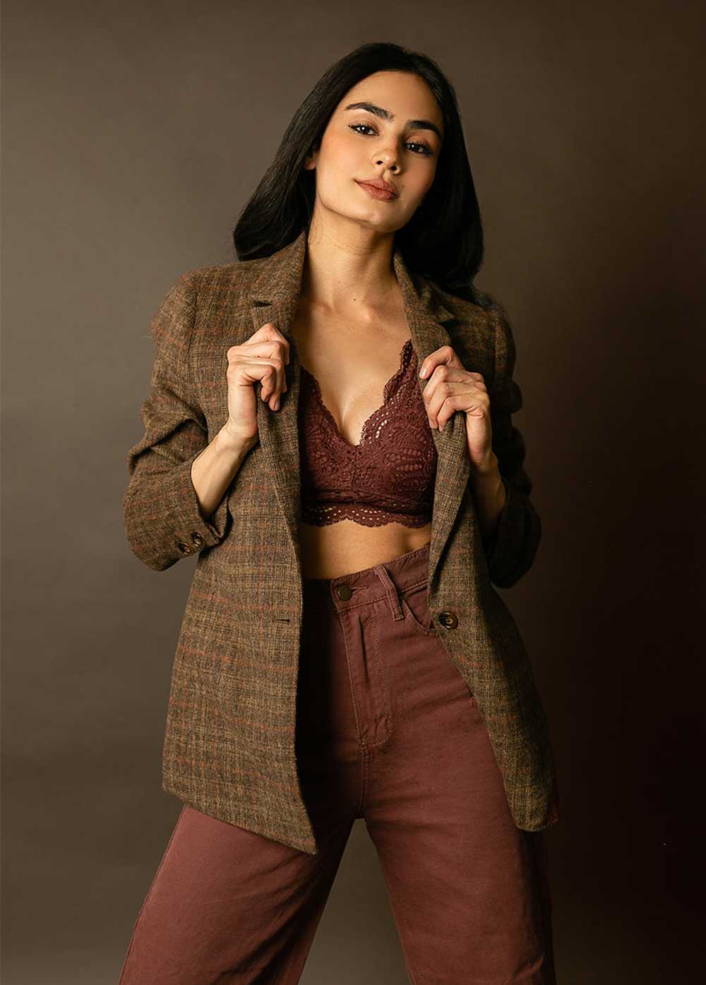 Joyfolie Louve Blazer in Tan & Brown Plaid - image 7