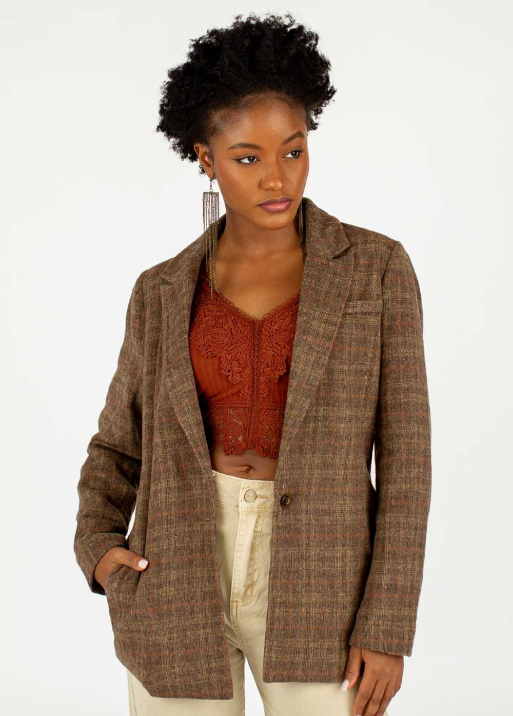 Joyfolie Louve Blazer in Tan & Brown Plaid - image 8