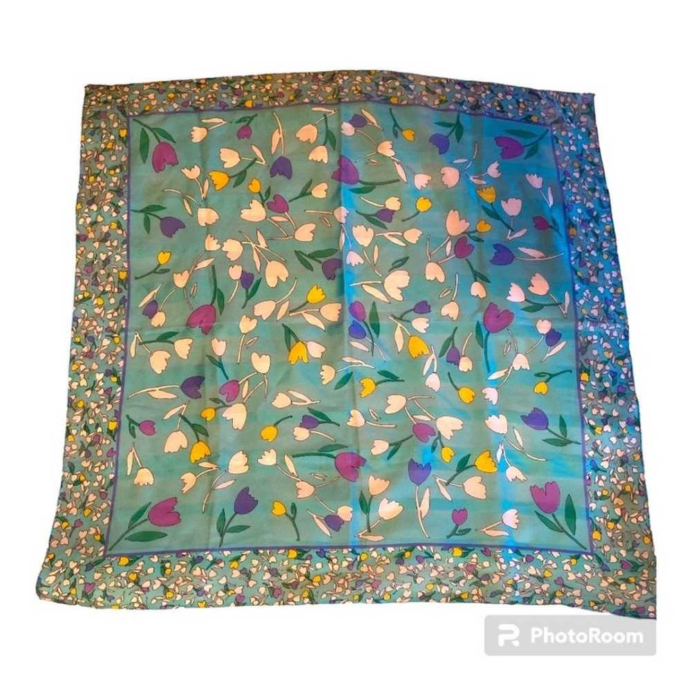 Tulip Floral Spring Silk Turquoise Large Square S… - image 1