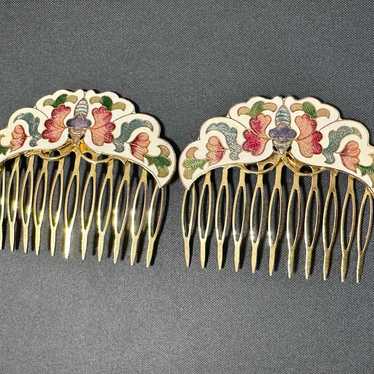 Vintage Gold Floral Cloisonne Hair Combs set of 2 - image 1