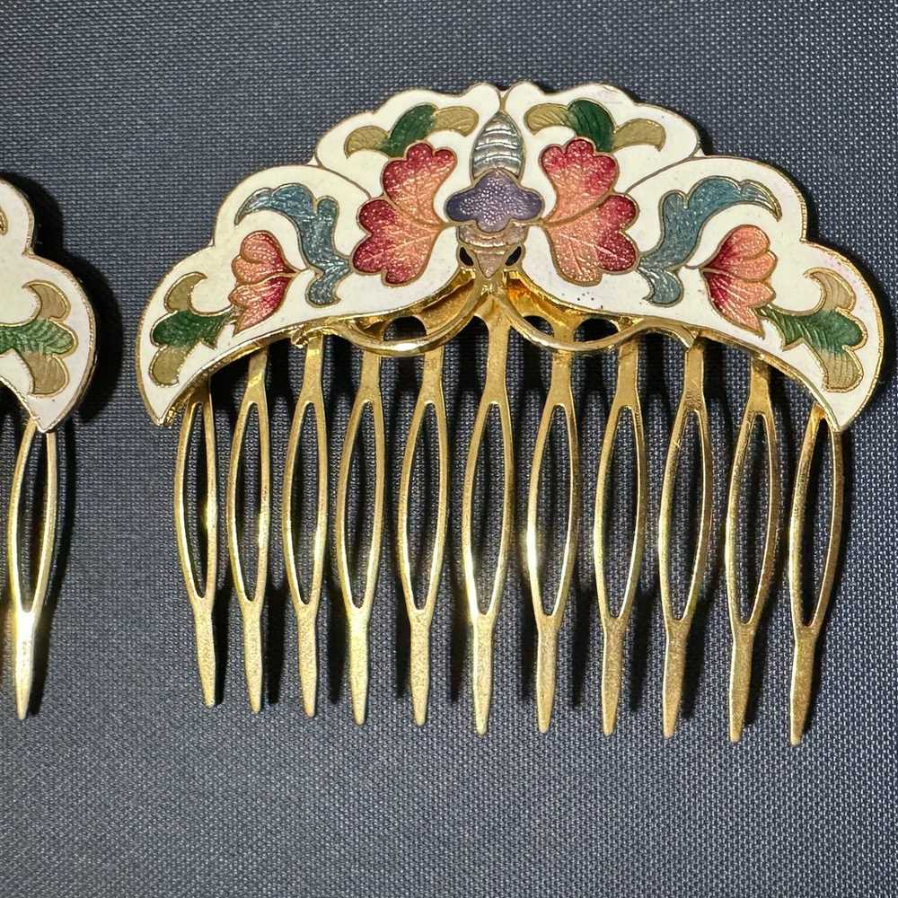 Vintage Gold Floral Cloisonne Hair Combs set of 2 - image 2