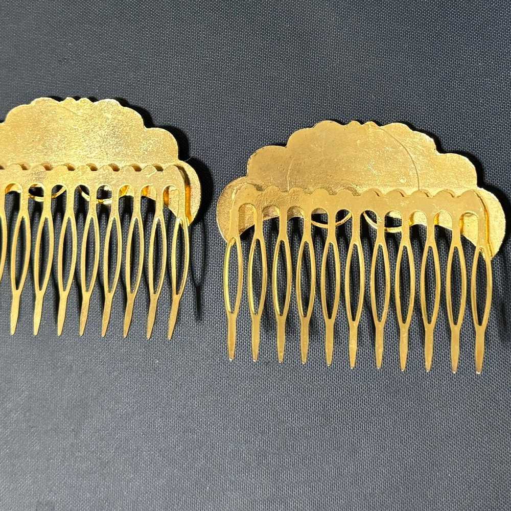 Vintage Gold Floral Cloisonne Hair Combs set of 2 - image 3