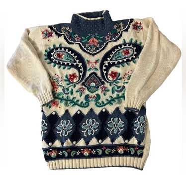 Vintage 80s Mock Turtleneck Heavy Knit Embroidered
